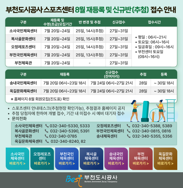 부천도시공사 스포츠센터 8월 재등록 및 신규반(추첨) 접수 안내