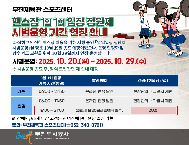 부천체육관 헬스장 1일 1회 입장 정원제 시범운영 기간 연장 안내  쾌적하고 안전한 헬스장 이용을 위해 시행 중인 「일일입장 정원제 시범운영」을 당초 10월 19일 종료 에정이었으나, 운영 안정화 및 향후 제도 보완을 위해 10월 29일까지 연장 운영합니다.   ○ 연장기간: 2025. 10. 20.(월) ~ 2025. 10. 29.(수)   ※ 시범운영 종료 후, 정식 도입관련 재 안내 예정 